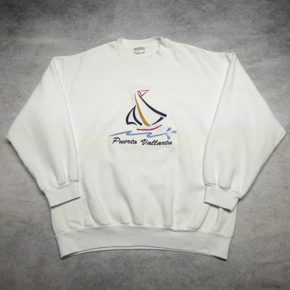 Vintage 90s Puerto Vallarta Sailboat Embroidered Sweatshirt White Large Boat Y2K - Picture 1 of 12